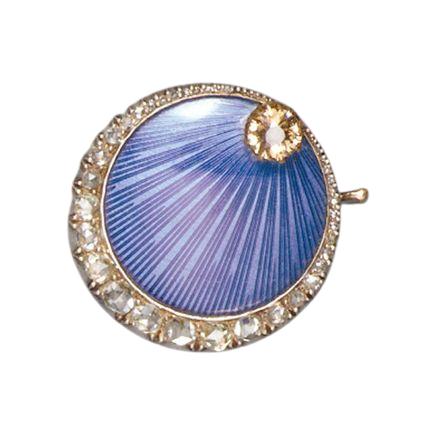 1890 FABERGE GOLD, BLUE GUILLOCHE ENAMEL AND JEWELED BROOCH, WORKMASTER OSKAR PIHL, MOSCOW, CIRCA 1890