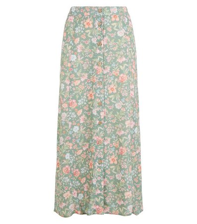 Green Floral Bias Cut Midi Skirt | New Look