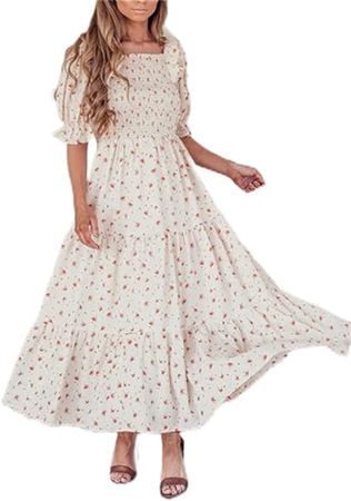 Amazon.com: HOULENGS Women's Summer Casual Square Neck Ruffle Short Sleeve Maxi Dress Smocked Floral Tiered Flowy Long Dress : Clothing, Shoes & Jewelry