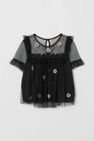 Mesh Blouse with Sequins - Black