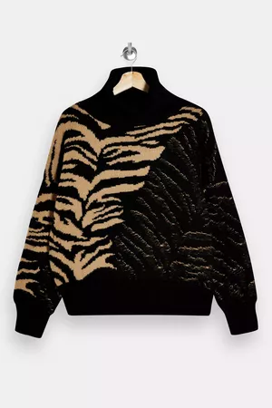 Animal Print Spliced Funnel Knitted Sweater | Topshop