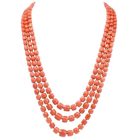 Triple Strand Red Natural Coral Gold Beads Necklace