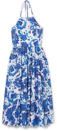 Gretta Printed Cotton-blend Halterneck Dress - Blue