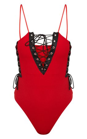 RED LACE UP STRAPPY THONG BODYSUIT