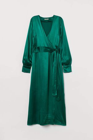 Satin Wrap-front Dress - Green
