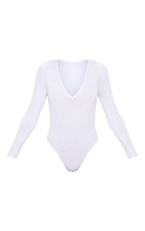 Basic White V Neck Long Sleeve Bodysuit | PrettyLittleThing USA