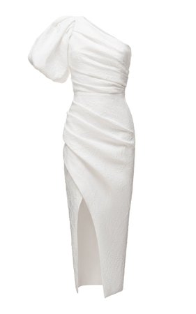 Asymmetric Draped Jacquard Midi Dress With Voluminous Sleeve By Rasario | Moda Operandi