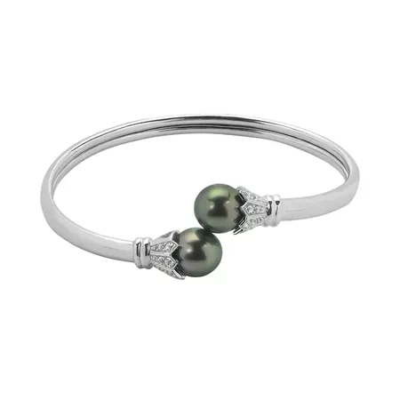 PearLustre by Imperial Tahitian Cultured Pearl & White Topaz Sterling Silver Bangle Bracelet