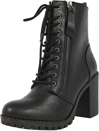 Amazon.com | SODA Malia Round Toe Stacked Lug Heel Lace Up Ankle Booties | Boots