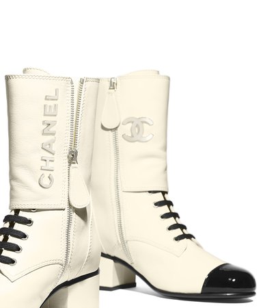 Ankle Boots, calfskin & patent calfskin, ivory & black - CHANEL