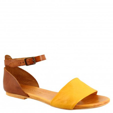 Women's handmade flat sandals in tan goat leather with yellow strap Color Yellow Women's shoes size 35