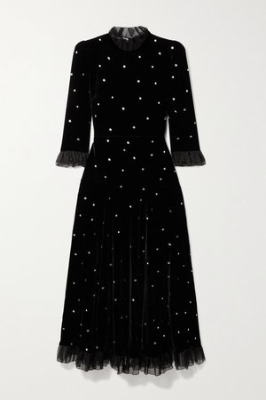Black Tulle-trimmed crystal-embellished velvet midi dress | Philosophy di Lorenzo Serafini | NET-A-PORTER