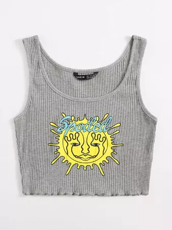 Lettuce Trim Rib-knit Letter and Graphic Print Tank Top | SHEIN USA grey