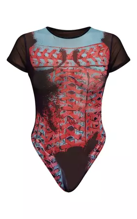 Red Printed Mesh Crew Neck Short Sleeve Bodysuit | PrettyLittleThing USA