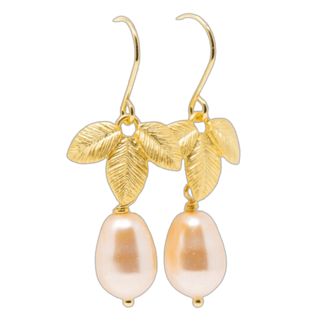 Peach Pearl Earrings, Pearl Dangle Earrings, Gold Petal Earrings, Peach Wedding Earrings