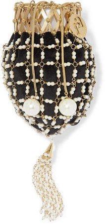Abigail Faux Pearl-embellished Gold-tone And Velvet Tote - Black