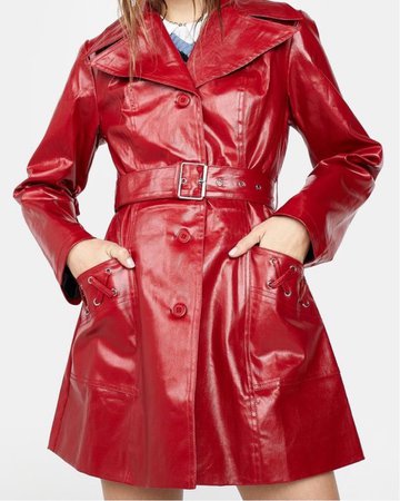 patent red latex long coat jacket trench
