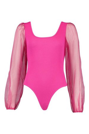 Tall Rib & Organza Mesh Bodysuit | Boohoo pink