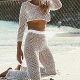 White Sexy Fishnet Beach Outfits Hollow Out Long Sleeve Crop Top and W – Owame
