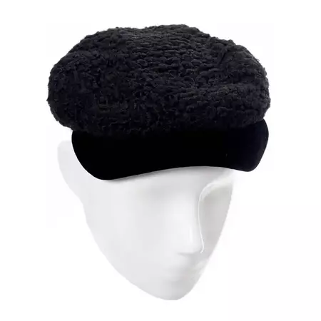 Hattie Carnegie Vintage Hat From I Magnin Curly Lambswool and Velvet Newsboy Cap For Sale at 1stDibs | hattie carnegie hats, carnegie velvet, romanian fur hat