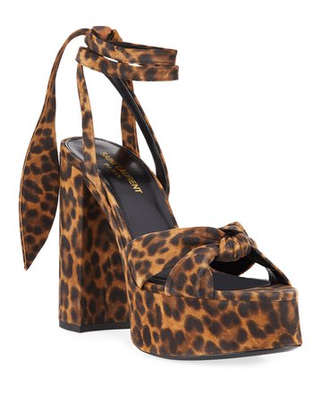 Saint Laurent Bianca Knotted Leopard Suede Platform Sandals | Neiman Marcus