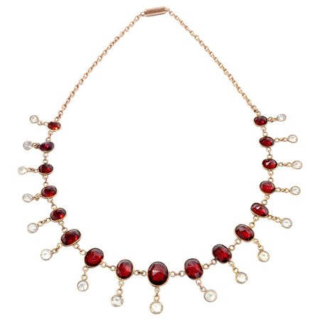 Vintage Victorian Red Oval Garnet and Clear Crystal Gold Fringe Choker Necklace For Sale at 1stDibs | vintage garnet necklace