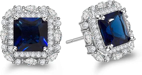 Amazon.com: AMORAMOR & FOREVER 18K White Gold Plated Blue Created Sapphire Stud Halo Earrings For Women 925 Sterling Silver Post CZ Cubic Zirconia Blue Square Crystal Halo Stud Jewelry (BLUE): Clothing, Shoes & Jewelry