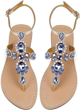 ZhuLinFeng Women'S Rhinestone Gladiator Sandals Flat Wedding Sandals Gem Pearl Sparkling Bridal Bridesmaid Sandals Blue Bohemian Sandals Size 8 | Flats