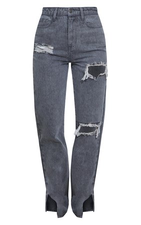 Washed Grey Distressed Split Hem Jeans | PrettyLittleThing USA