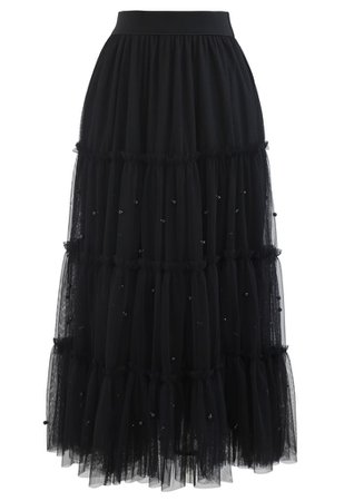 Beads Trim Double-Layered Tulle Mesh Skirt in Black - Retro, Indie and Unique Fashion