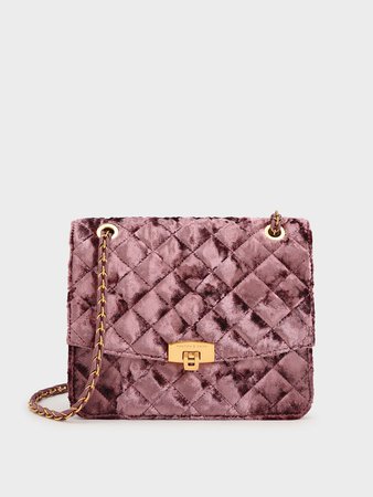Mauve Velvet Quilted Push-Lock Clutch Bag - CHARLES & KEITH FI
