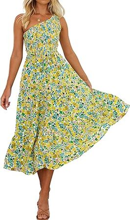 ZESICA Women's 2024 Bohemian Summer Floral Print One Shoulder Sleeveless Smocked Ruffle Tiered Beach Long Midi Dress at Amazon Women’s Clothing store