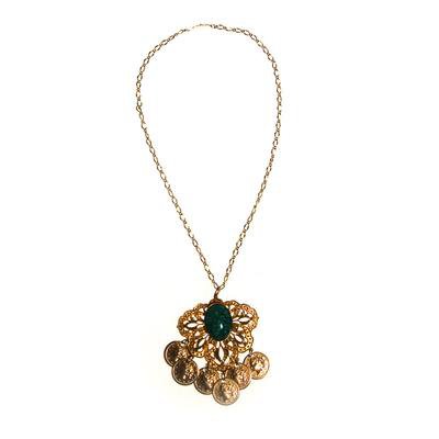Gold Filigree Medallion Necklace, Faux Speckled Jade Cabochon, Danglin - Vintage Meet Modern