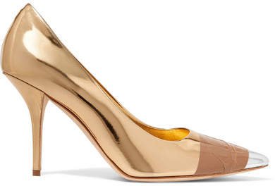 Tape-trimmed Metallic Leather Pumps - Gold