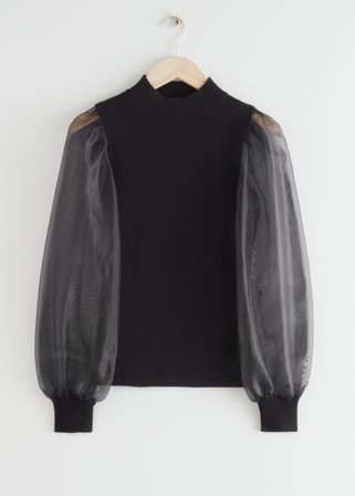 Organza Sleeve Mock Neck Rib Sweater - Black - Sweaters - & Other Stories