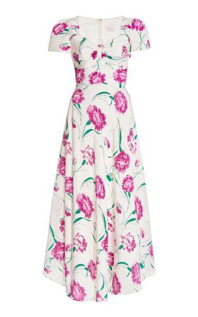 Ruched Floral white pink flower Silk Maxi Dress cottage core