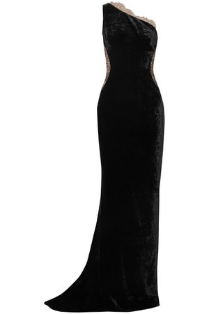 Black One-shoulder lace-paneled velvet gown | Sale up to 70% off | THE OUTNET | STELLA McCARTNEY | THE OUTNET