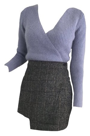 Light Blue Long Sleeve Sweater & Dark Grey Asymmetrical Skirt (png)