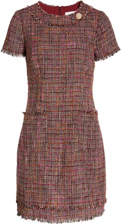 Fringe Trim Tweed A-Line Dress