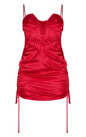 PLT Tall Red Satin Ruched Plunge Bodycon Dress