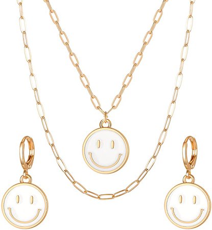 Smiley Face Necklace Earrings Layered Paperclip Chain, Cute Pendant Preppy Jewelry Y2K Necklaces Trendy Huggie Earrings for Women Girls (Silver Pink) : Clothing, Shoes & Jewelry