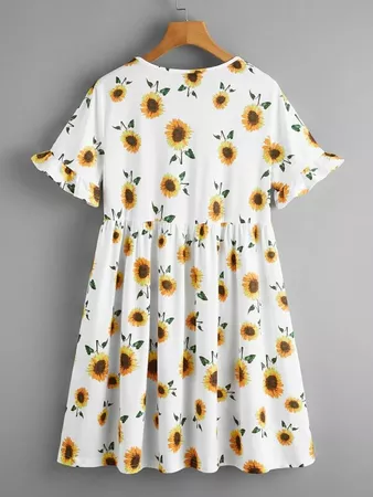 Ruffle Cuff Sunflower Print Smock Dress | SHEIN USA white