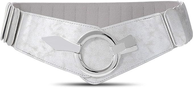 WHIPPY Women Wide Elastic Waist Belt Vintage Wide Stretch Waist Belt Fashion Retro Leather Waistband for Dresses, Silver, S at Amazon Women’s Clothing store
