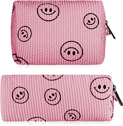 Lounsweer 2 Pieces Smile Face Makeup Bag for Purse Corduroy Makeup Bag Makeup Pouch Cosmetic Bag Preppy Cute Makeup Bag for Women Girl (Pink) : Beauty & Personal Care