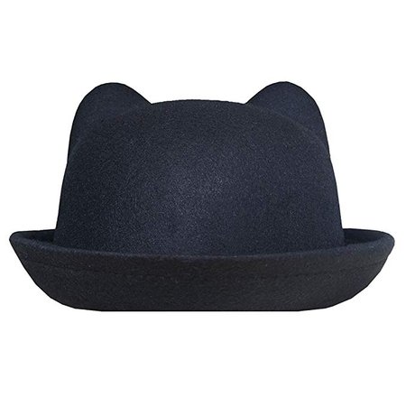 Lujuny Cat Ear Wool Derby Hats - Cute Bowler Fedora Caps with Roll-up Brim for Women Youth (Black) at Amazon Women’s Clothing store