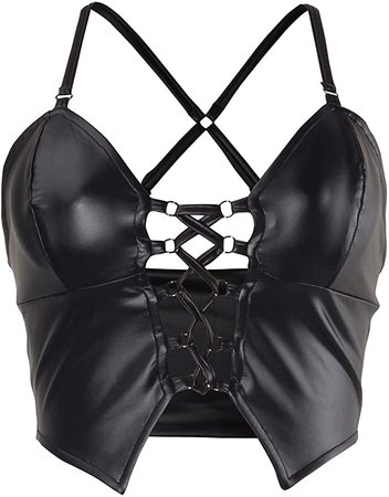 VWIWV Women's Sexy Pu Leather Crop Top Adjustable Spaghetti Strap Punk Push Up Tank Summer Camisole Bustier Clubwear at Amazon Women’s Clothing store