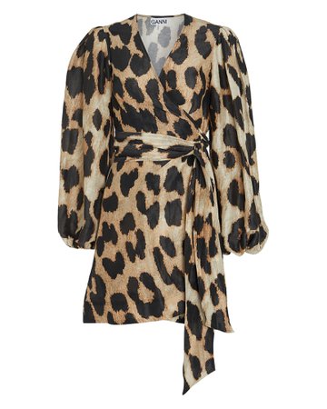 GANNI | Leopard Silk-Linen Wrap Dress | INTERMIX®