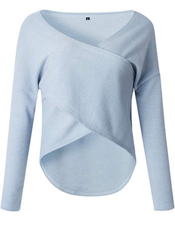 Long Sleeve Deep V Neck Cross Wrap Front Asymmetrical High Low Hem Irregular Hem Pullover Sweater Jumper Top at Amazon Women’s Clothing store: