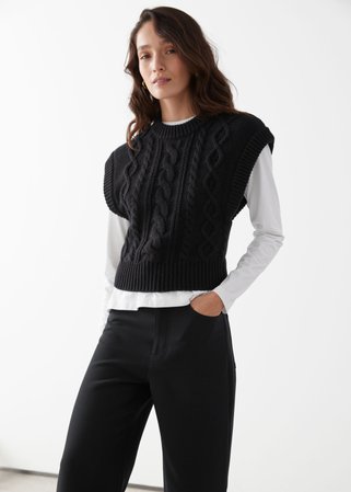Short Fitted Cable Knit Vest - Black - Sweaters - & Other Stories