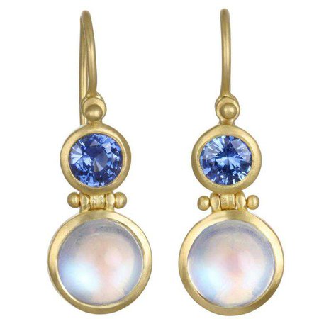 Faye Kim Moonstone Blue Sapphire Gold Double Hinge Earrings For Sale at 1stdibs